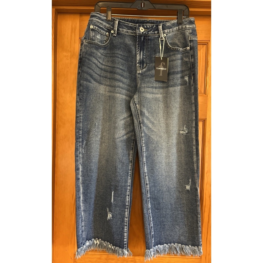 Flamingals Women's Straight Leg Denim Jeans Distressed Fringe Hem Sz Large